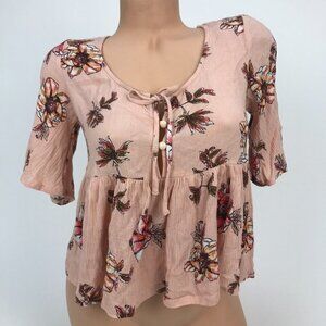 Seek The Label Floral Print Button Up Short Sleeve Crop Top Peplum Ruffle‎ SZ S